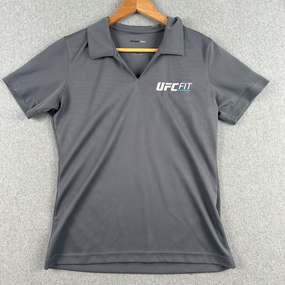 Polo Shirt Womens Medium Gray UFC Fit V-Neck Short Sleeve Athletic